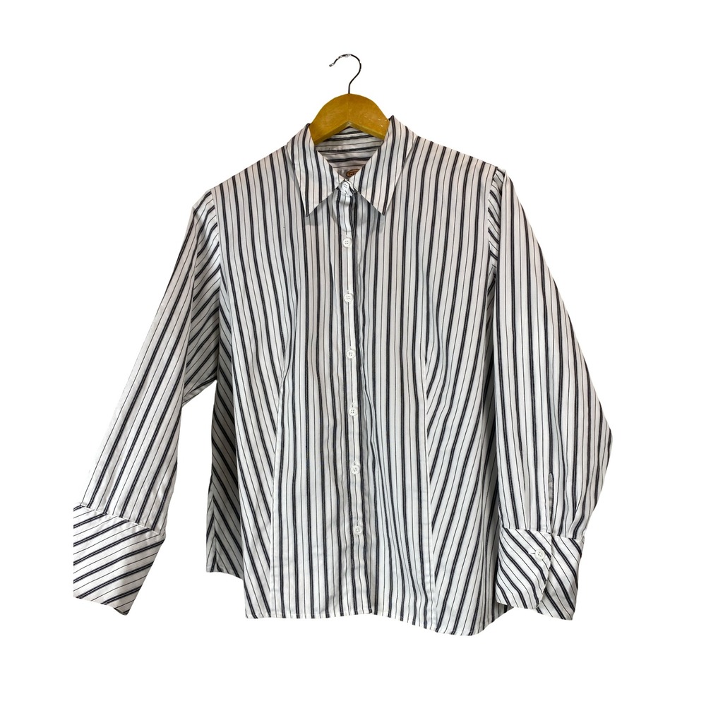 Talbots Woman Petites Black White Striped Button Down Cotton Shirt 16W Fitted